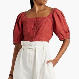 Joie Button Down Crop Top Shirt Casual Blouse Puff Sleeves New Size Large